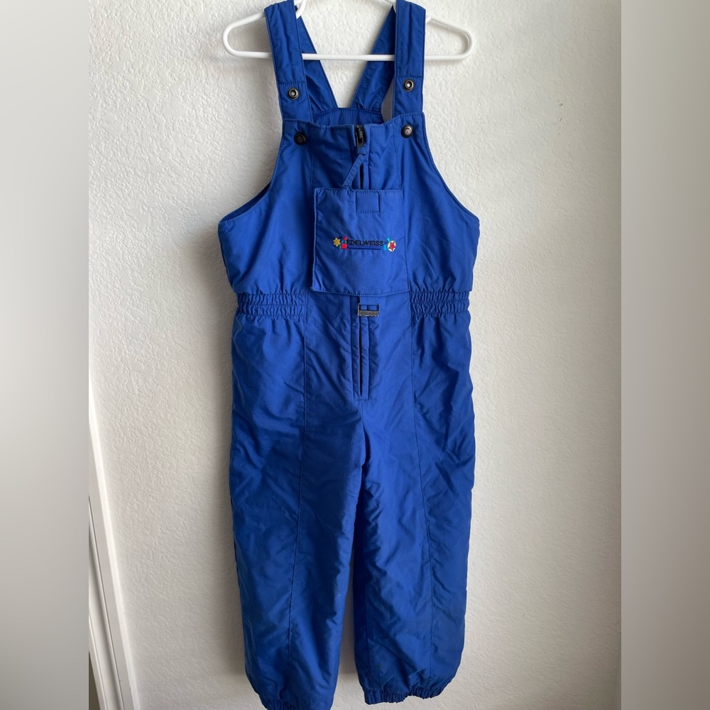 Edelweiss vintage retro Vibrant Blue Snow Bib. Youth snow suit
